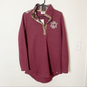 Marley Lilly Burgundy Plaid Quilted Monogram Quarter Button Pullover